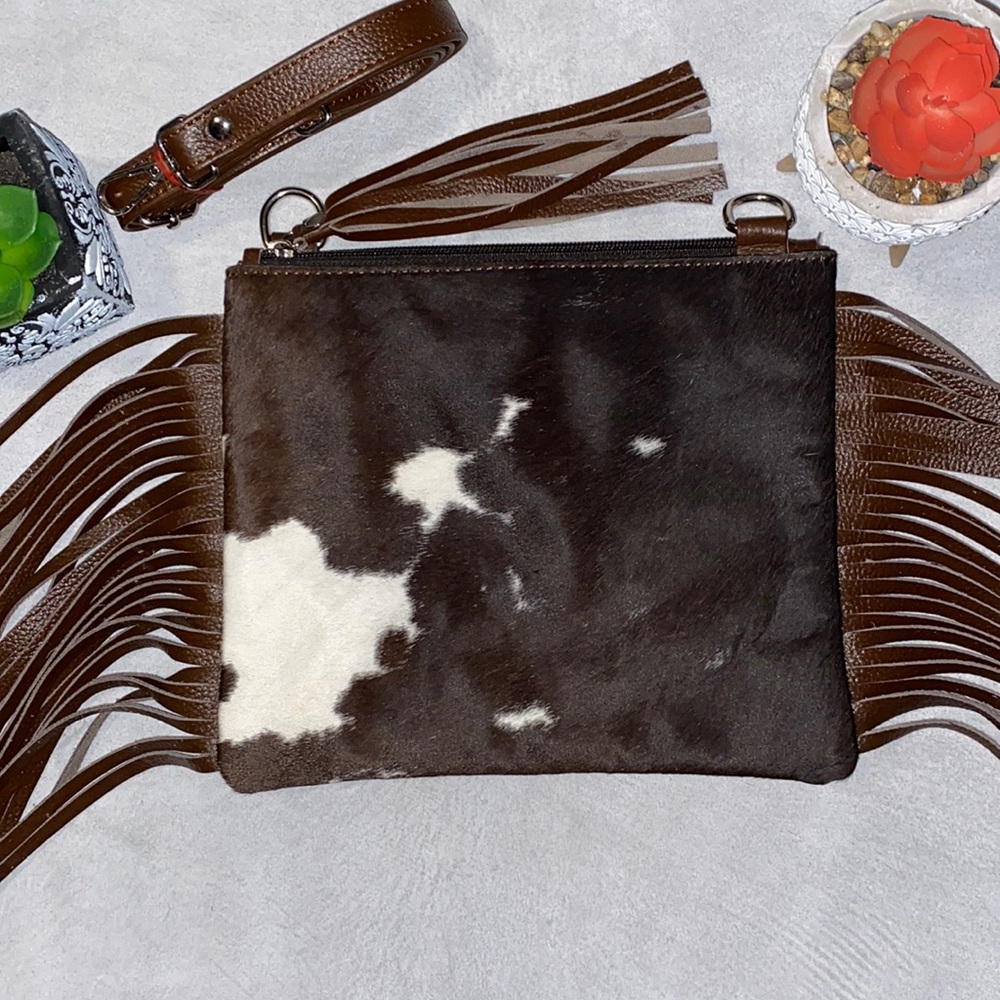 New Handmade Real Cowhide Leather Crossbody Purse Handbag Hair On With Fringes
